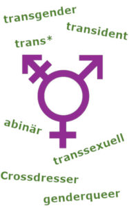 lilanes Trans*-Symbol mit den Worten transgender, transident, trans*, abinär, transsexuell, Crossdresser, genderqueer darum verteilt